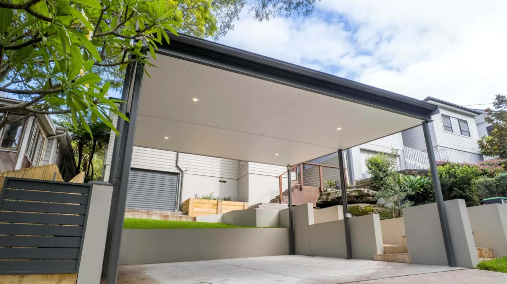 NF Build modern double carport structure with flat roof and integrated downlights